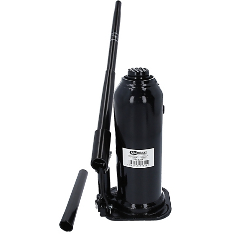 Schwarzer hydraulischer Wagenheber mit Hebel. Aufkleber mit Logo und Produktinformationen.